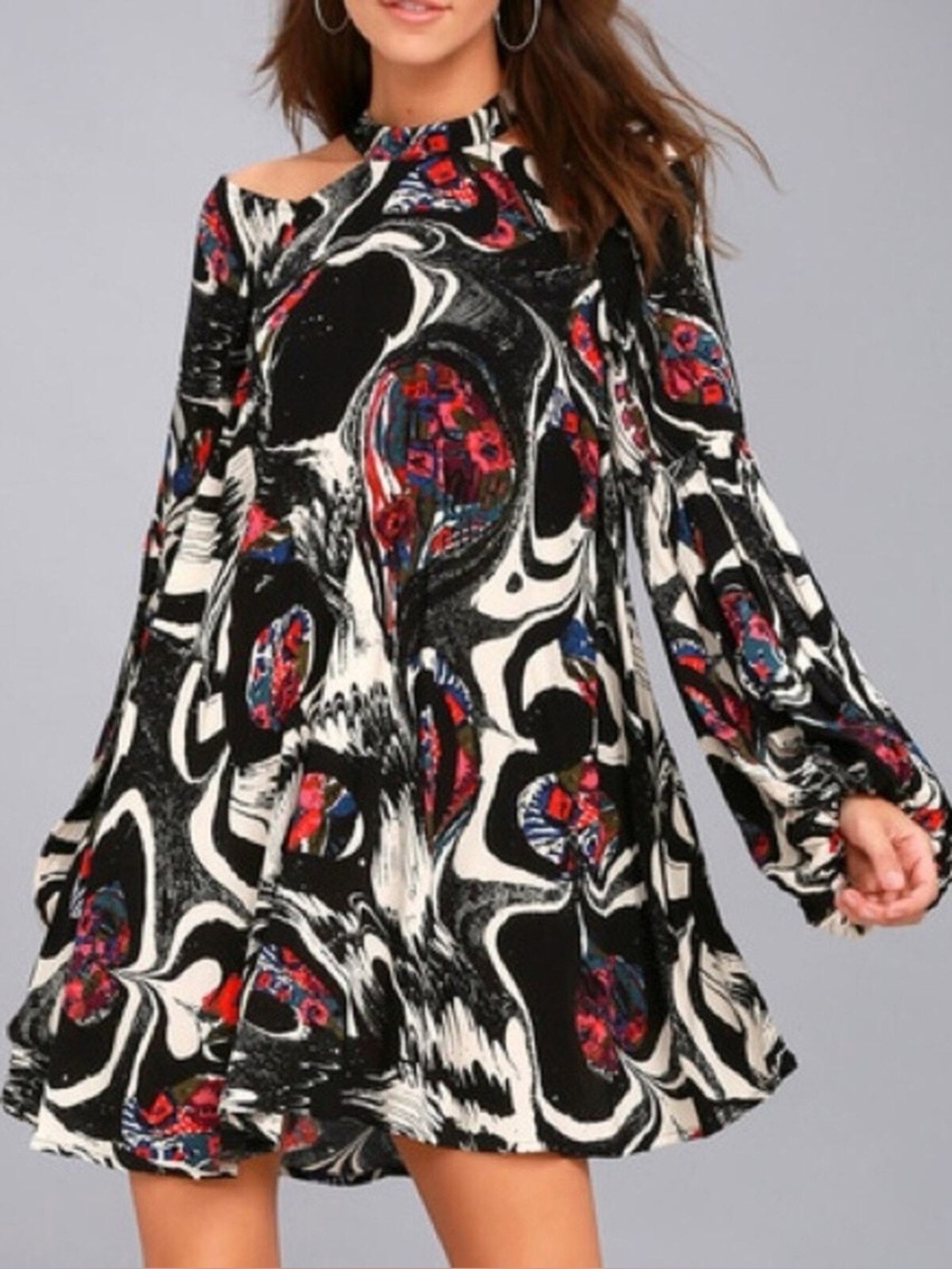 FREE PEOPLE long sleeve flowing black and white pattern high neck dress.